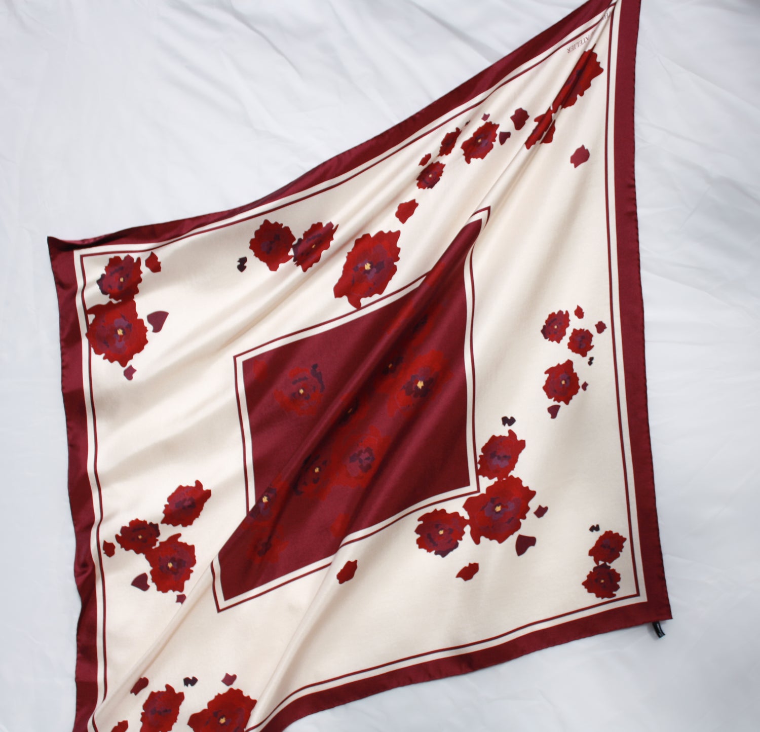Silk scarf large, burgundy peonies on champagne