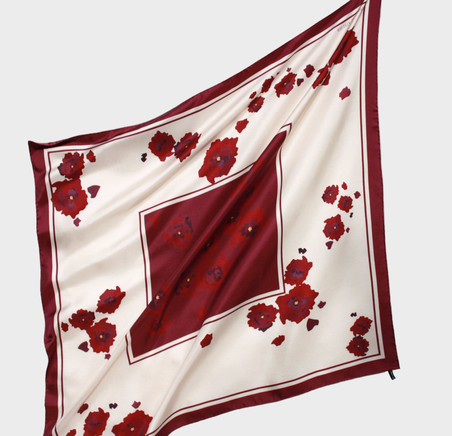 Silk scarf large, burgundy peonies on champagne