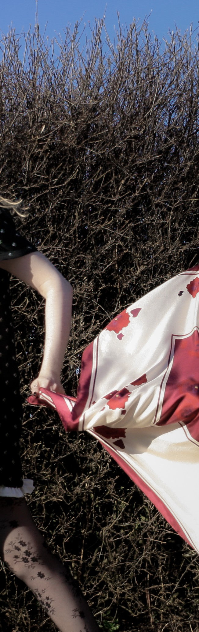 Silk scarf large, burgundy peonies on champagne
