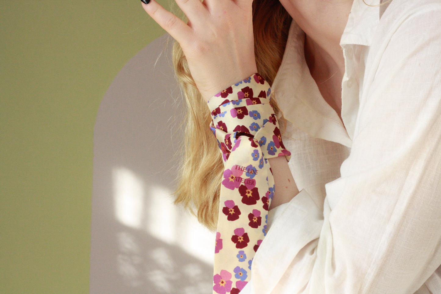 Silk twilly scarf, Heart`s Ease, flowers on champagne silk on model, by The Line Atelier
