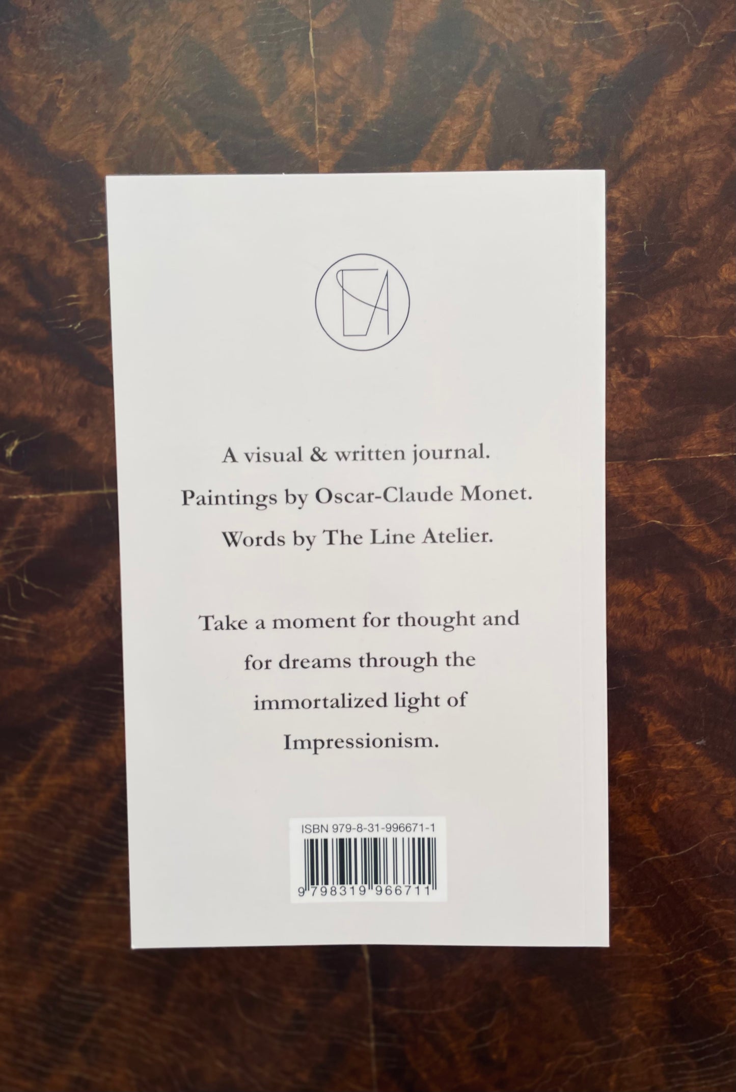 Back cover of the book Of Shallows & Depths with text about a visual and written journal featuring paintings by Oscar-Claude Monet.