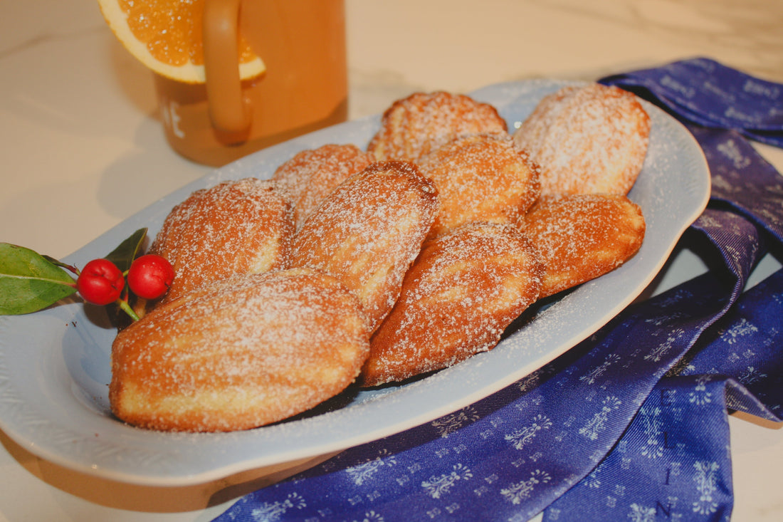 Honey-Chestnut Madeleines for the holidays with a blue silk twilly scarf 