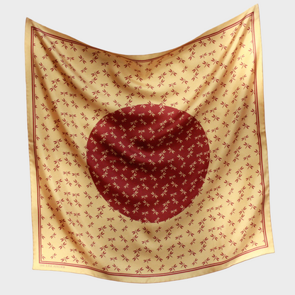 Golden silk 60cm scarf with an auburn circular pattern on a beige background