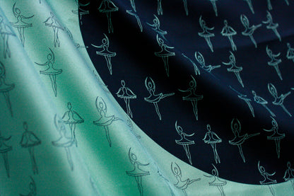 Close up of details of Ballet - The Poised Rogue 60x60cm cool green silk scarf with black ballerina lineart