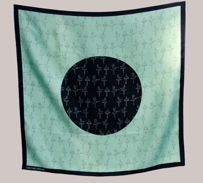 The Poised Rogue 66660 x 60 cm silk scarf in cool green with lineart ballerina motifs. Ballet inspired silk scarf by The Line Atelier