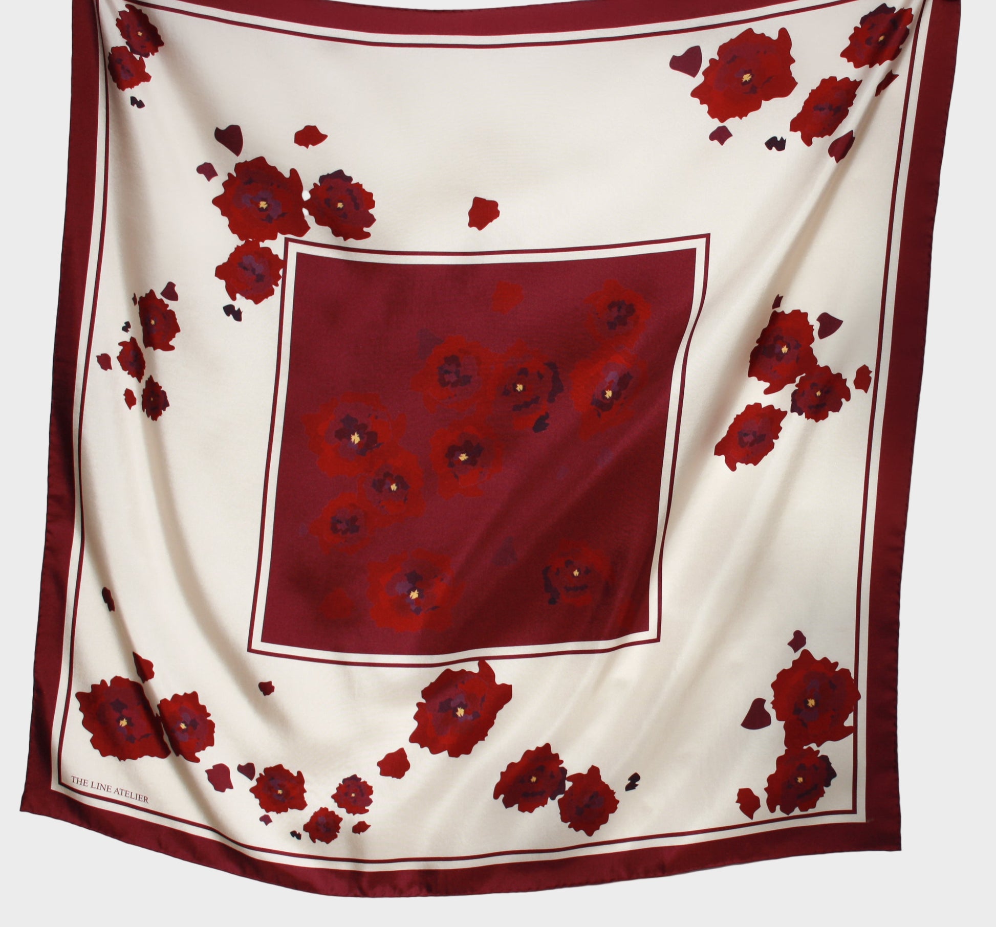 Silk scarf large, burgundy peonies on champagne