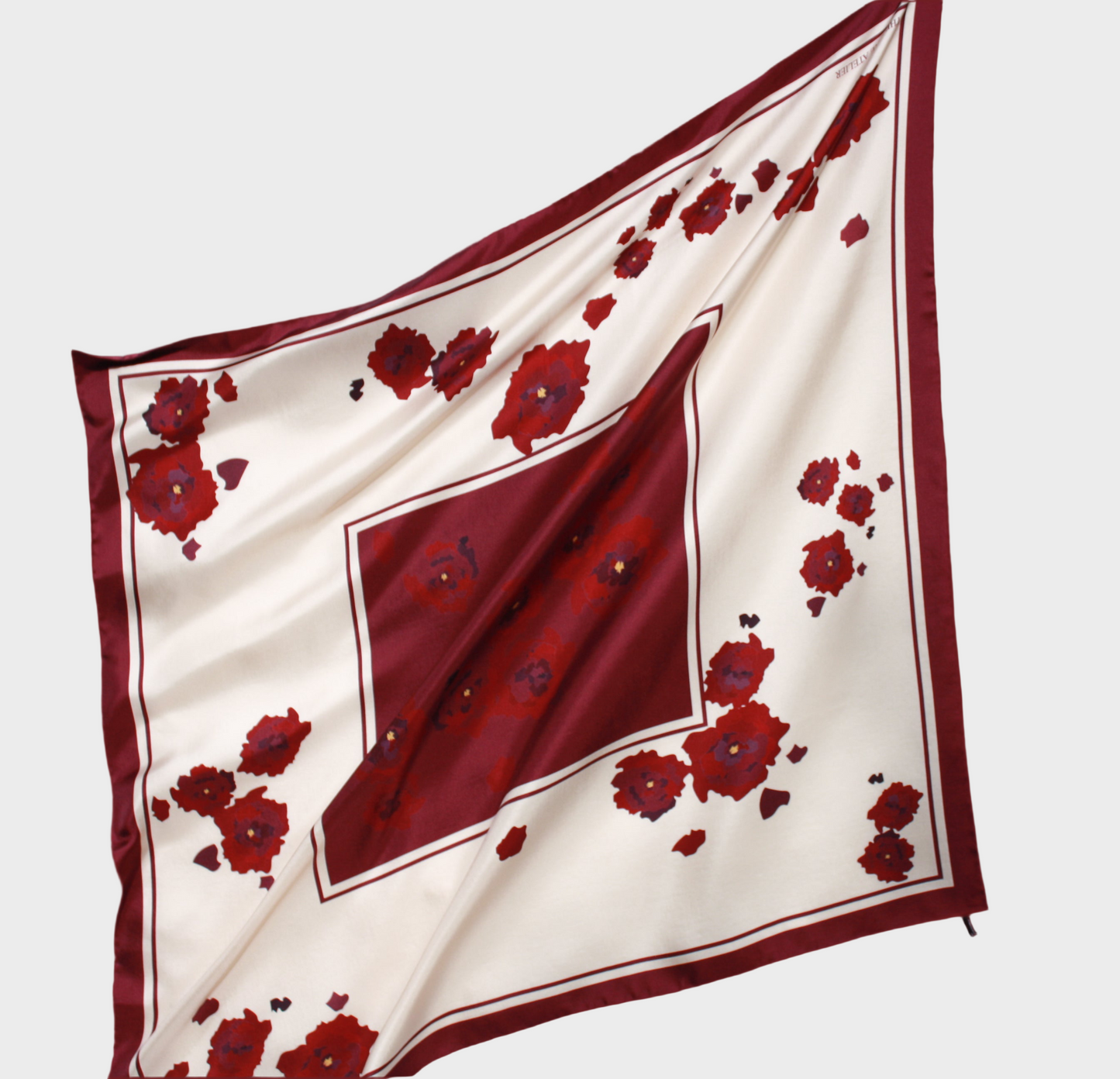 90x90cm silk scarf square with abstract burgundy red peonies on champagne silk