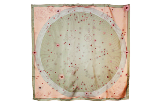 A square silk scarf featuring a celestial design with a large central pale green circle containing stars and the Leo constellation, surrounded by a peach-pink border and a muted sage green edge.