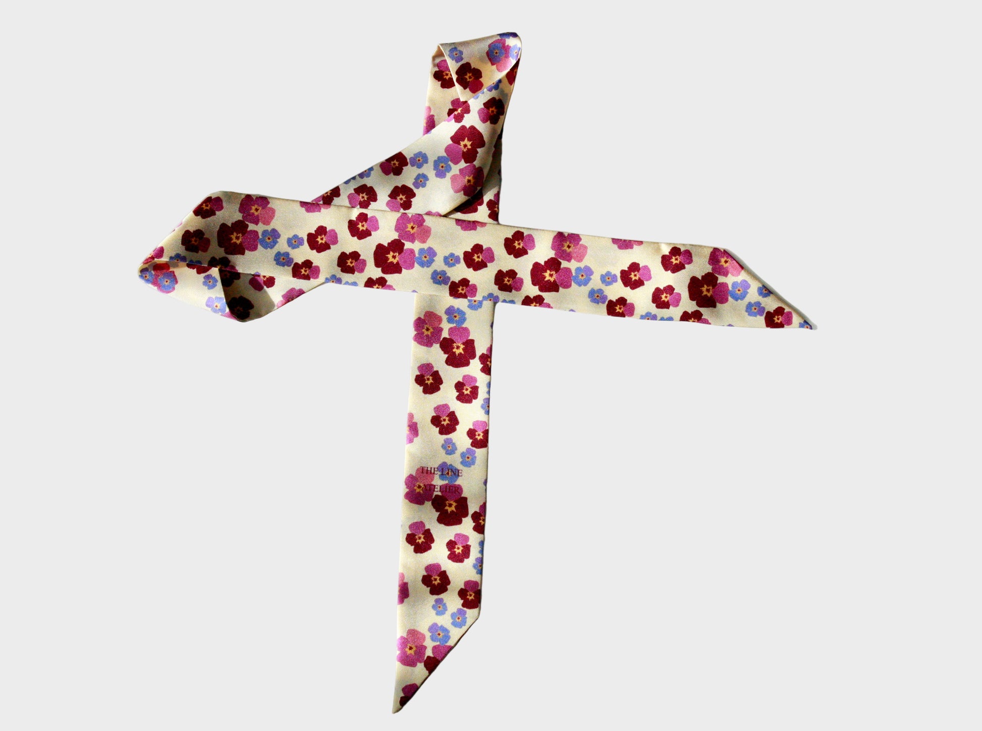 Silk twilly scarf, Heart`s Ease, pansy flowers on champagne silk
