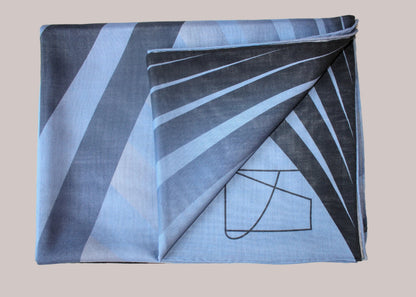 Sky Blue silk an wool scarf in signature feathers gradient pattern