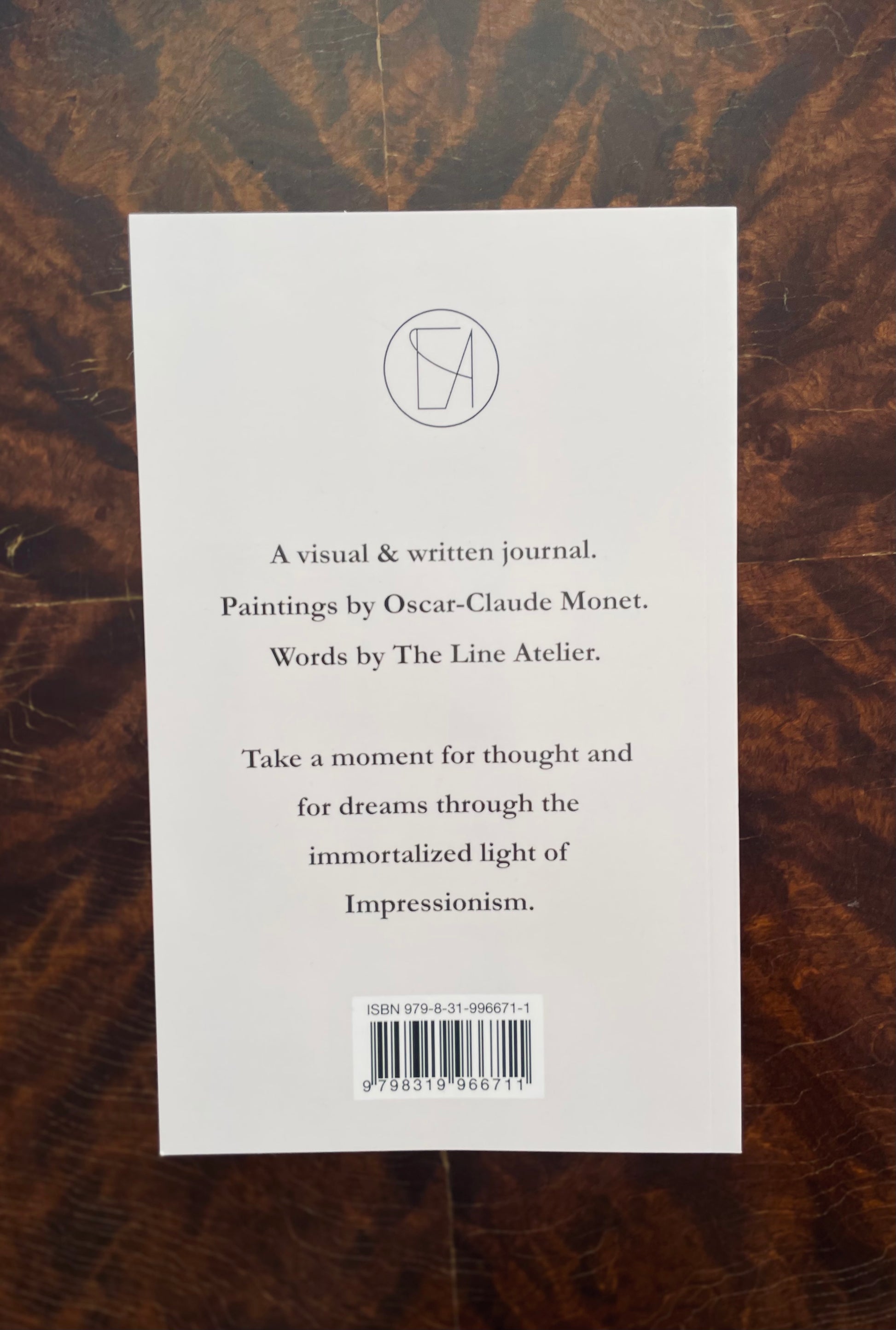 Back cover of the book Of Shallows & Depths with text about a visual and written journal featuring paintings by Oscar-Claude Monet.