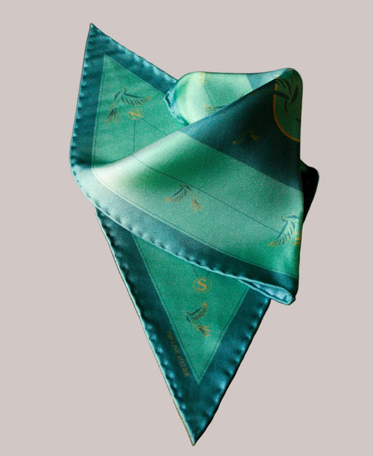Rogues Compass by The Line Atelier green silk scarf diamond size with swallows is gold lineart