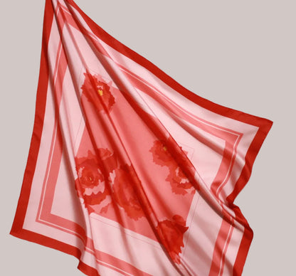 Large 90x90 cm silk scarf, Rose d`Amour, large abstract roses in blush and coral tones, by The Line Atelier