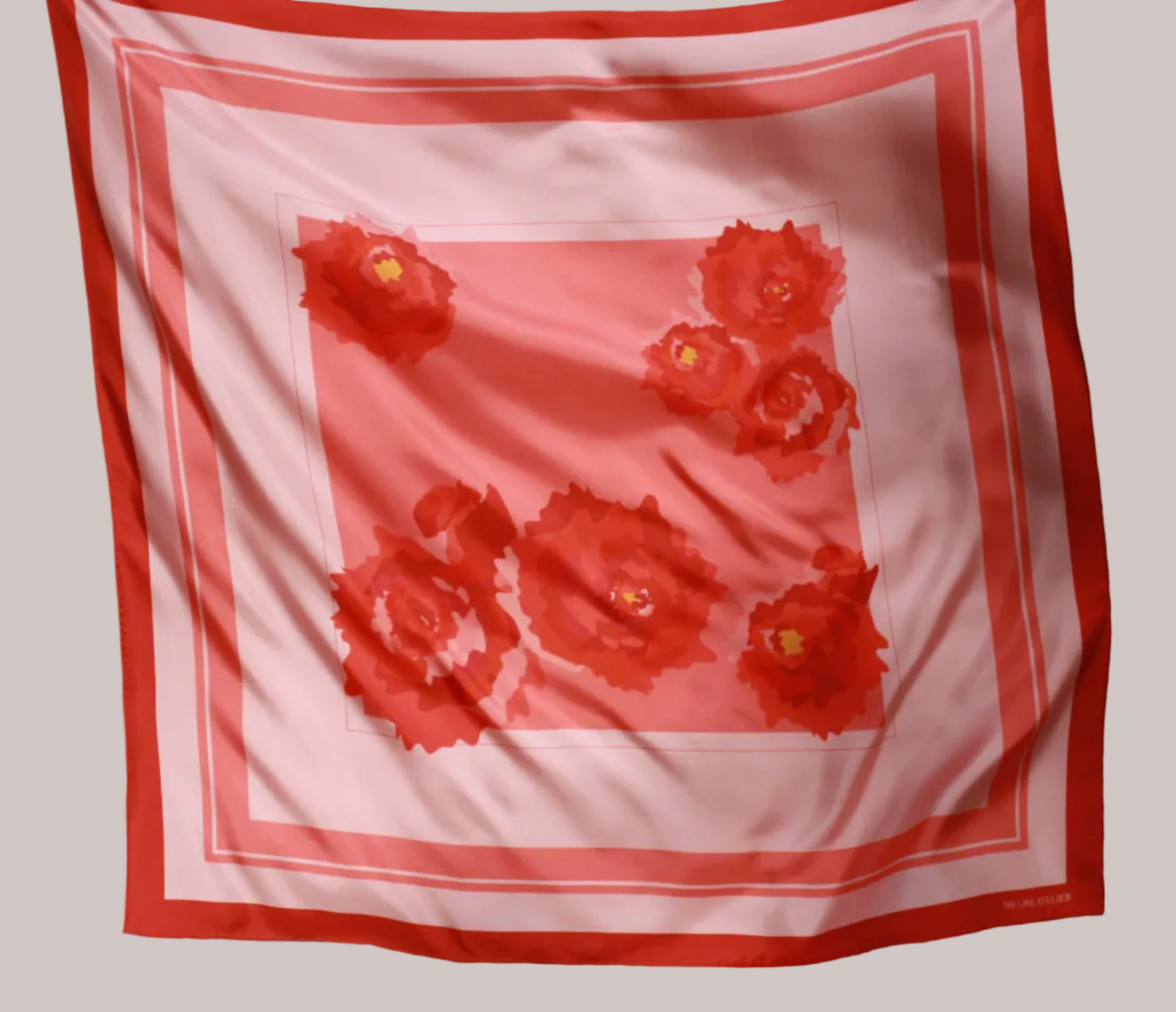 Large 90x90 cm silk scarf, Rose d`Amour, large abstract roses in blush and coral tones, by The Line Atelier