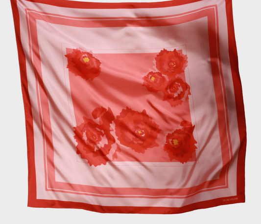 Large 90x90 cm silk scarf, Rose d`Amour, large abstract roses in blush and coral tones, by The Line Atelier