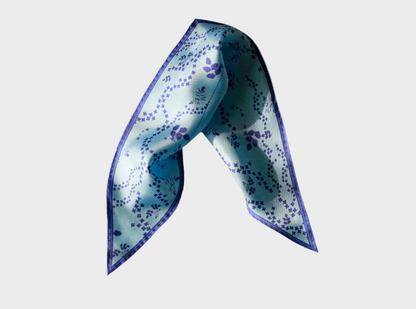 Diamond sized silk scarf in sky blue silk with floral pattern